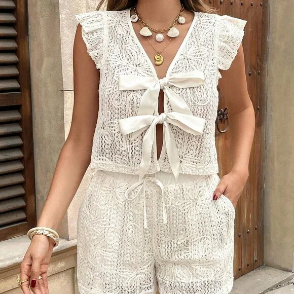 Apricot Boho Womens Lace Embroidered Blouse and Shorts set